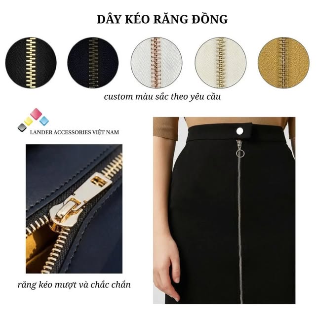 Dây kéo răng đồng nhiều màu vải với đầu kéo kim loại
