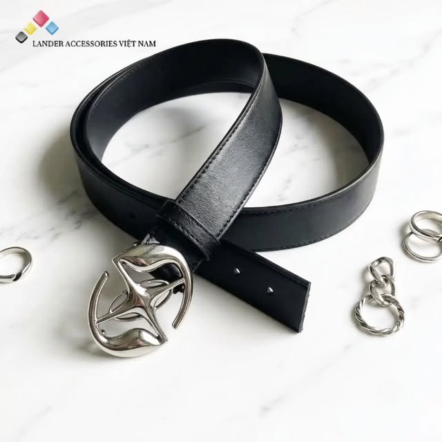 Thắt lưng da đen với khóa kim loại thiết kế riêng